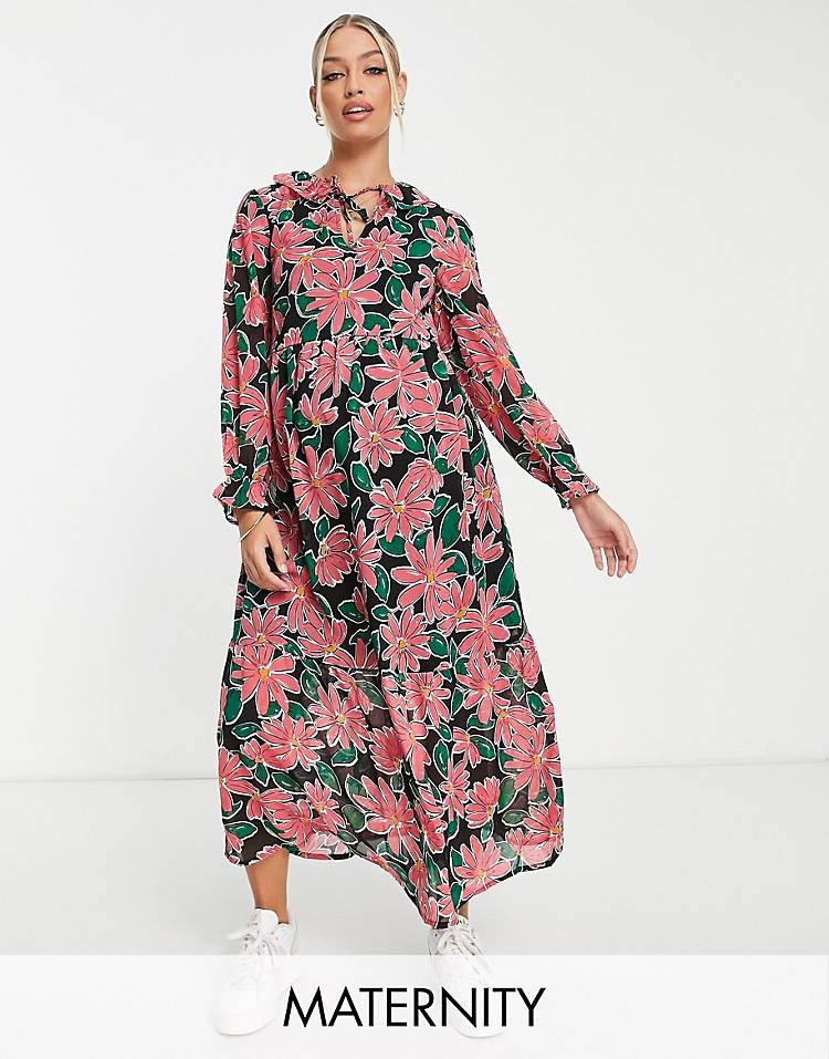 Wednesday's Girl Maternity ruffle neck midi smock dress in bright floral